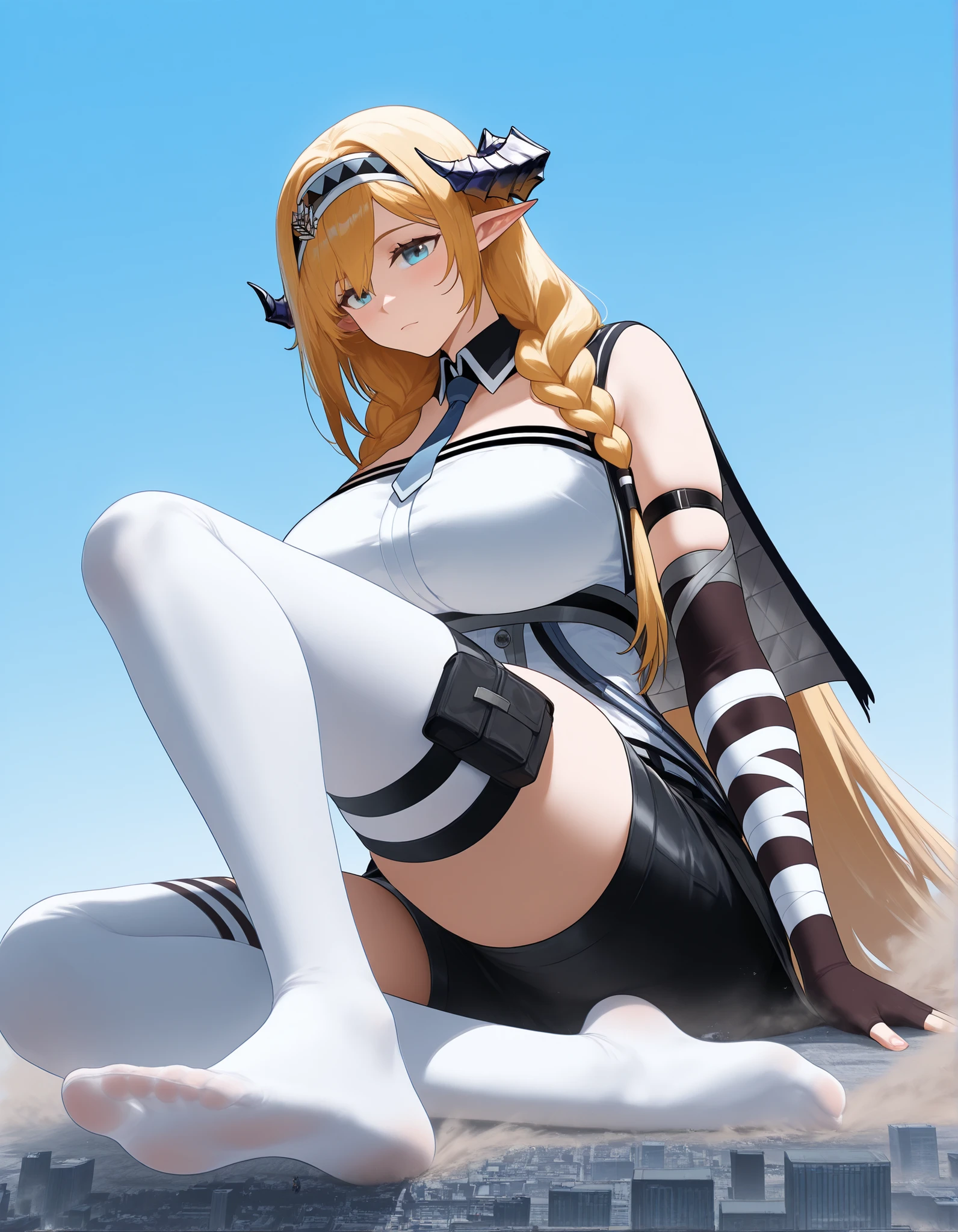 Saileach_arknights, (no shoes:1.4 ),score_9_up, score_8_up, score_7_up, source_anime, 1girl, solo, sky, full body, grey footwear, blonde hair, braid, long hair, blue eyes, horns, white thighhighs, thighhighs, thigh pouch, braid, hairband, white shirt, shirt, underbust, arm strap, black shorts, short shorts, miniskirt, black skirt, belt, strap, blue necktie, detached collar, elbow gloves, two-tone gloves, white gloves, black gloves, fingerless gloves, capelet, two-tone capelet, clothing cutout, dynamic cowboy shot, mini giantess, (thick thighs:1.1), gigantic breasts, Woman crushing the building, on the ground, stretch your legs, collapsing city, Dust cloud, I'm wearing white socks with my toes and heels sticking out, ブーツを脱いでいる,素足,ソックスを履いた足裏, (from below:1.1)