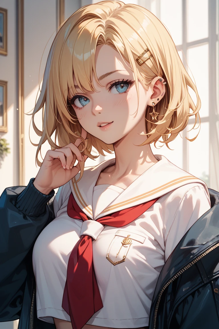 A girl in a blonde sailor suit is showing her piercings to her boyfriend