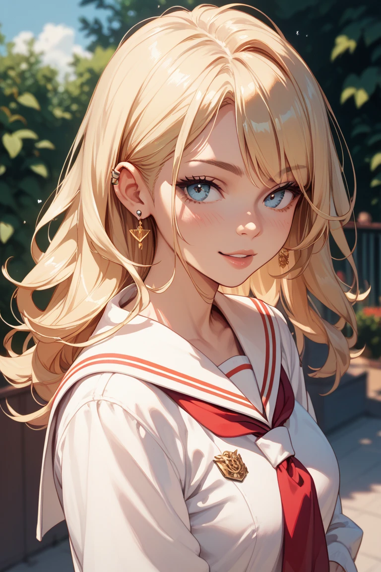 A girl in a blonde sailor suit is showing her piercings to her boyfriend