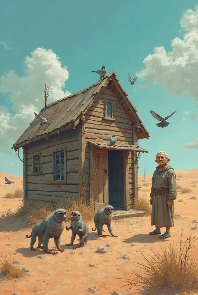 The desert is a wooden house, the old man and the pigeons and the monkeys are crying.