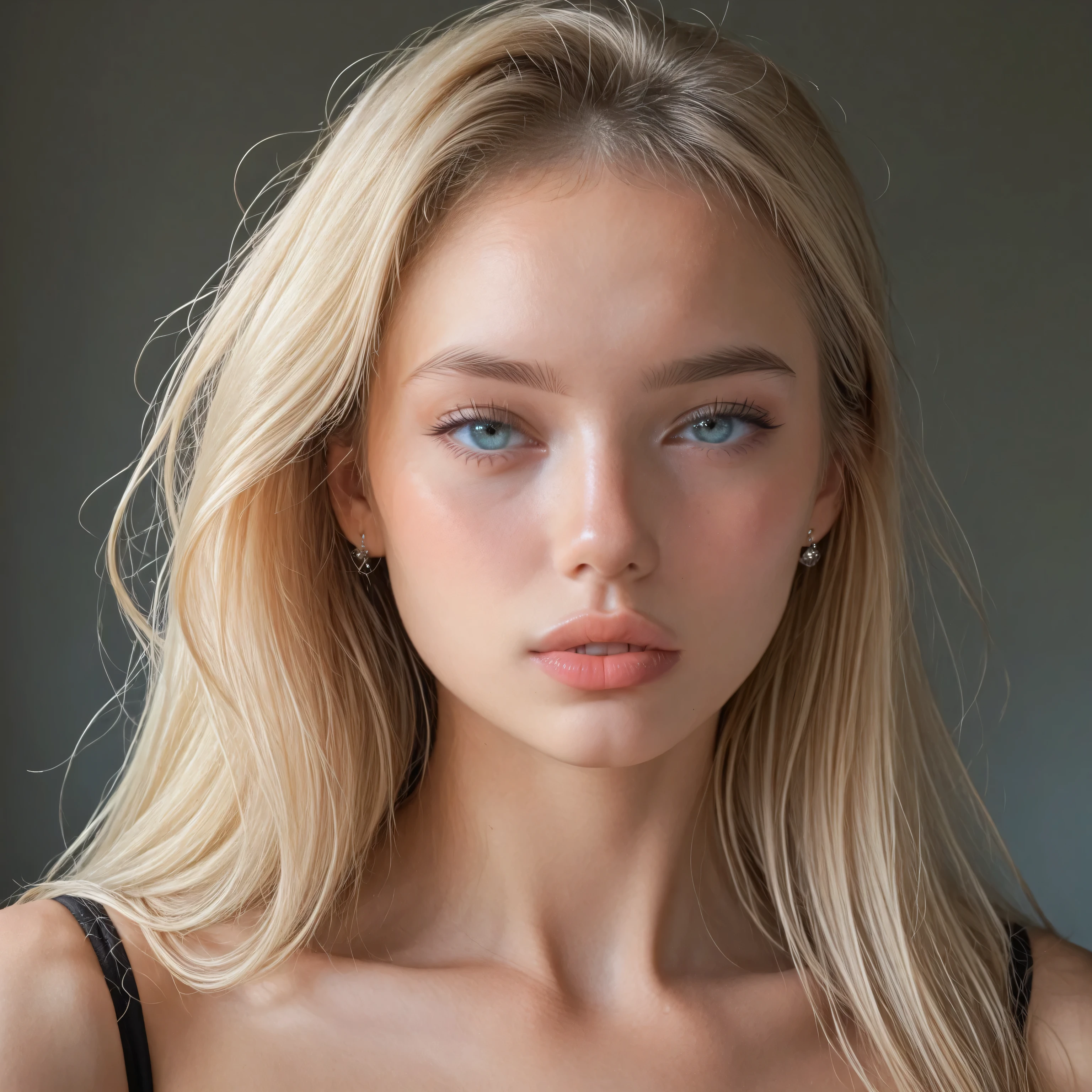 Portrait of very cute beautiful 18 years old girl with very light blonde long hairstyle, she has beautiful eyes, realistic face, small nose, sensitive lips. Her skin is shining