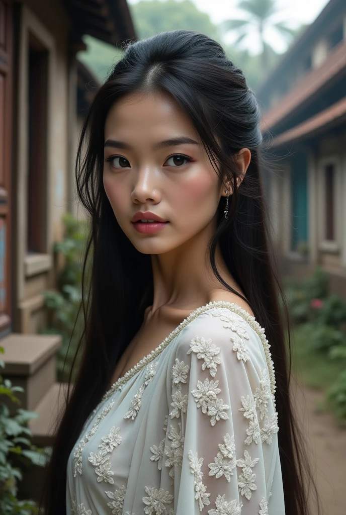 A porttait of a stunning beautiful sweet thai woman with a long dark hair black eyes fair skin slim figure wears a white beautiful thai ancient coths and standing on an ancient town in Thailand.