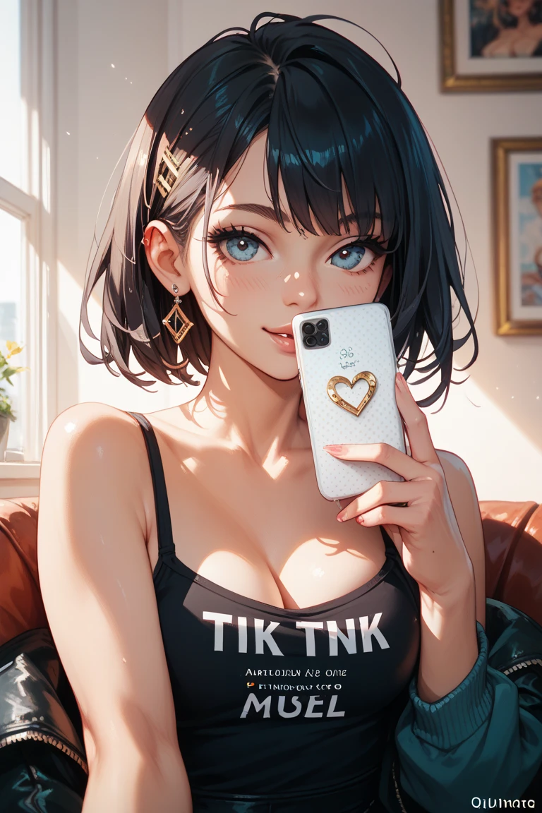 ollarbone,black t-shirt,off-shoulder look,bare shoulder,midriff peek,micro shorts,open mouth,tongue out,cum on tongue,Black sofa,sit,Selfie,looking ahead,from above,flont view,cowboy shot,(1girl,Beautiful 14 year old girl),((Slender,Small breasts,Small face,)),looking at viewer,Black Hair,bangs,one side up,Beautiful and detailed,Mischievous smile,Dimly lit hotel room,Low lighting