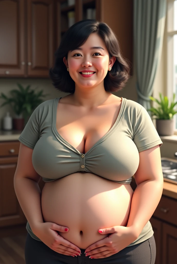 RAW, Best quality, high resolution, masterpiece: 1.3), beautiful Malay woman mommy, short ponytail hair, perfect huge pregnancy body (huge pregnance tummy), (small breasts), sit down with spread both legs, closes eyes, big smile, necklace, shairband, afternoon walk, Indoor, kitchen, Excellent lighting, Bright colors, Clean lines