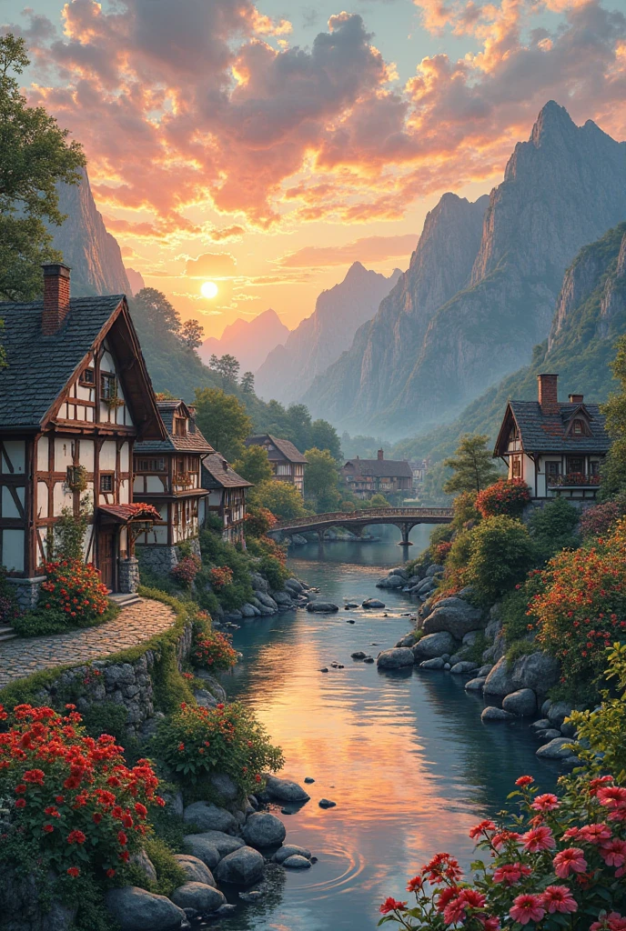 a small village by the river, mountains in the background, floral flowers colorful, detailed landscape, Beautiful natural landscapes, atmospheric lighting, scorching sunset, warm colours, practical, photopractical, Detailed Foliage, complex buildings, cobblestone street, Charming country house, swirly vibrant colors, lush vegetation, Still water reflections, Picturesque, idyllic, work of art, best qualityer, 8k, extremely detaild,anime styling