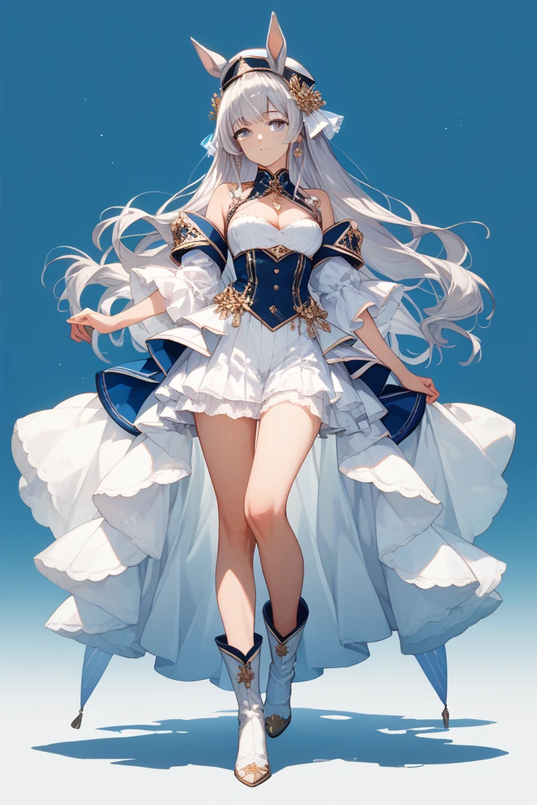masterpiece, Highest quality, No background, (tall), A full body image of a single adult woman, Standing upright,Looking forward, Straight silver hair, Hair length to the waist, Thin, sharp eyebrows , Narrow red eyes, huge breasts, White skin, BREAK, Expressionless, Blue corset dress, Blue long sleeve,