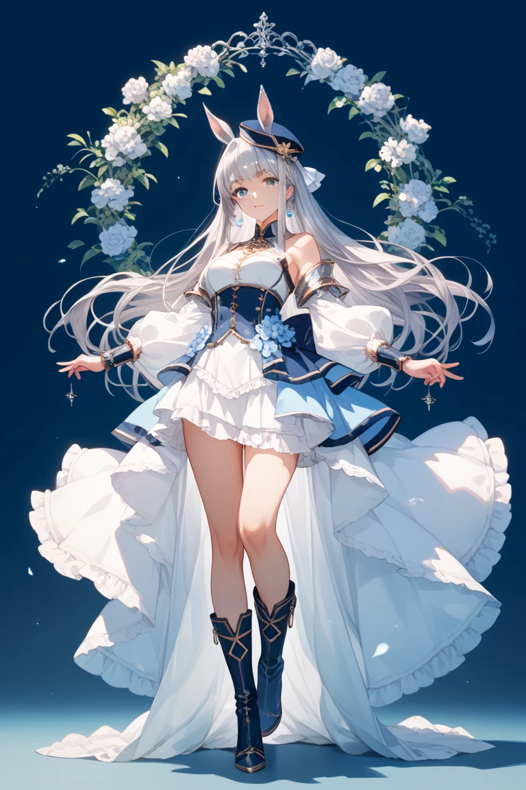 masterpiece, best quality, illustrious \(azur lane\), 1girl, blue eyes, wihte hair, very long hair, hair ornament, breasts, white dress, detached collar, bare shoulders, navel, elbow gloves, mole under eye, white footwear, full body,