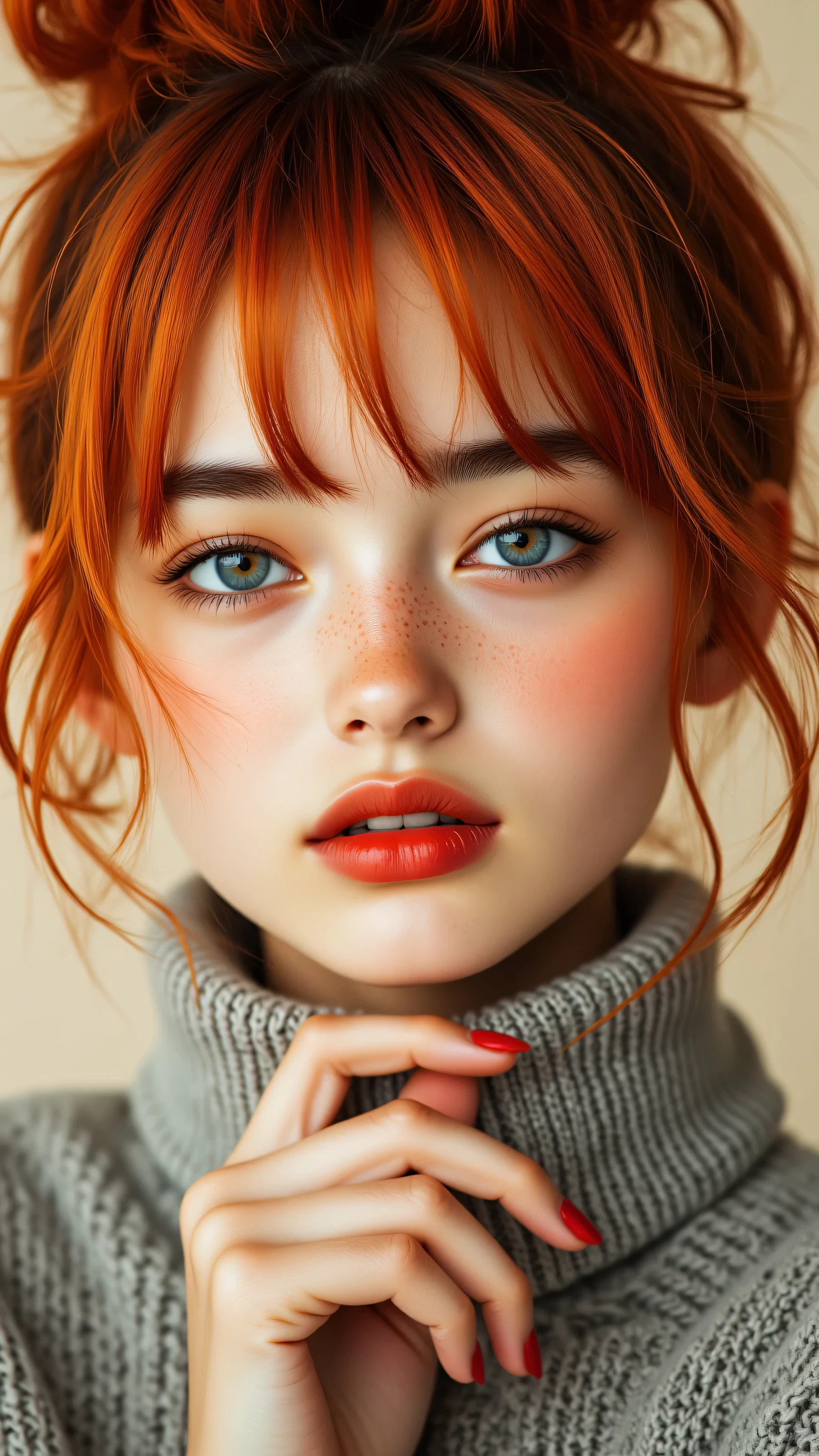 Asian blue eyes with freckles and redhead 