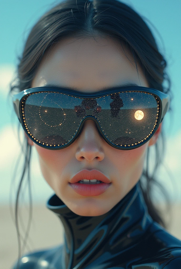 The model is wearing glass sunglasses with stars and the moon on the glass