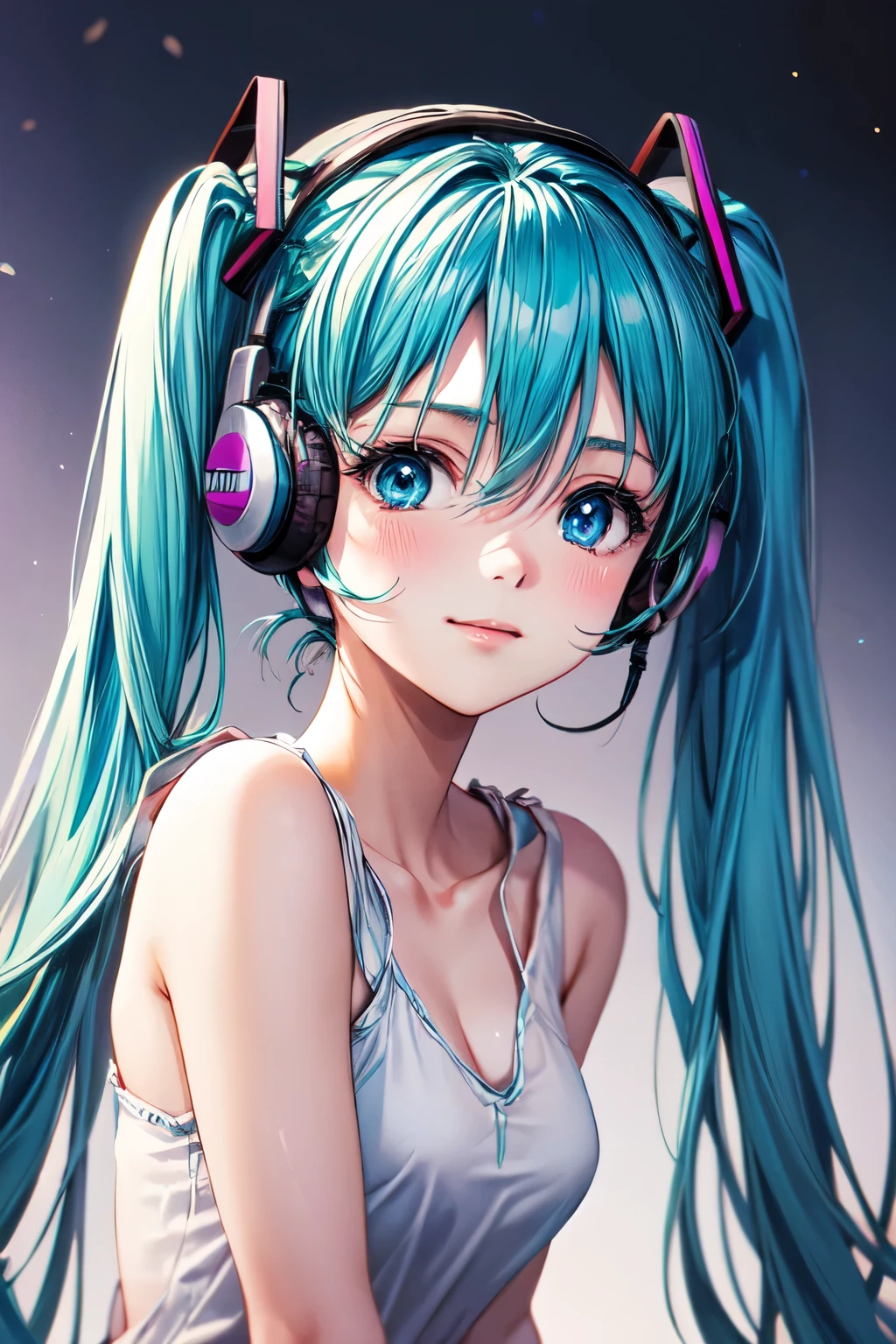 Hatsune Miku,high resolution, turn your gaze, blushes, blue eyes,  Blue Hair/light blue hair, headphones,shortcuts, floral background 