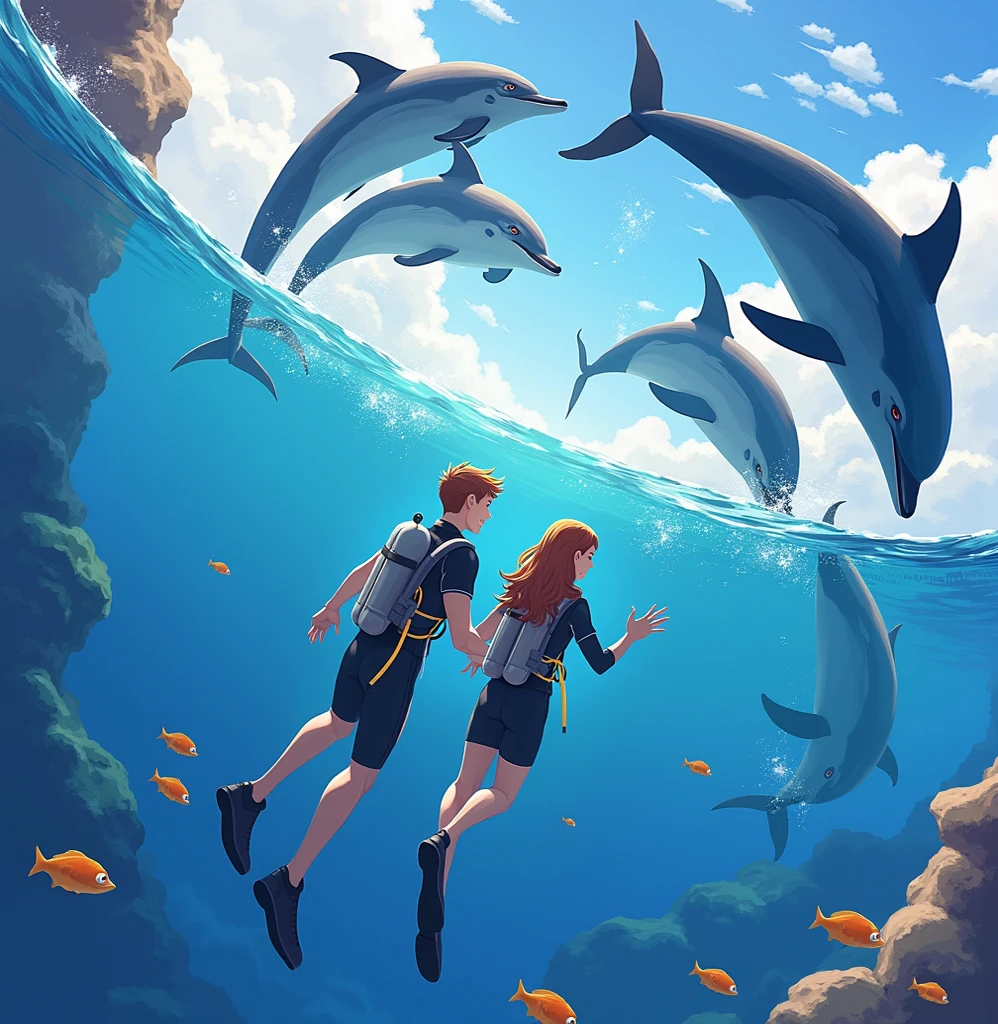 Boy and girl friends happy to play with dolphins