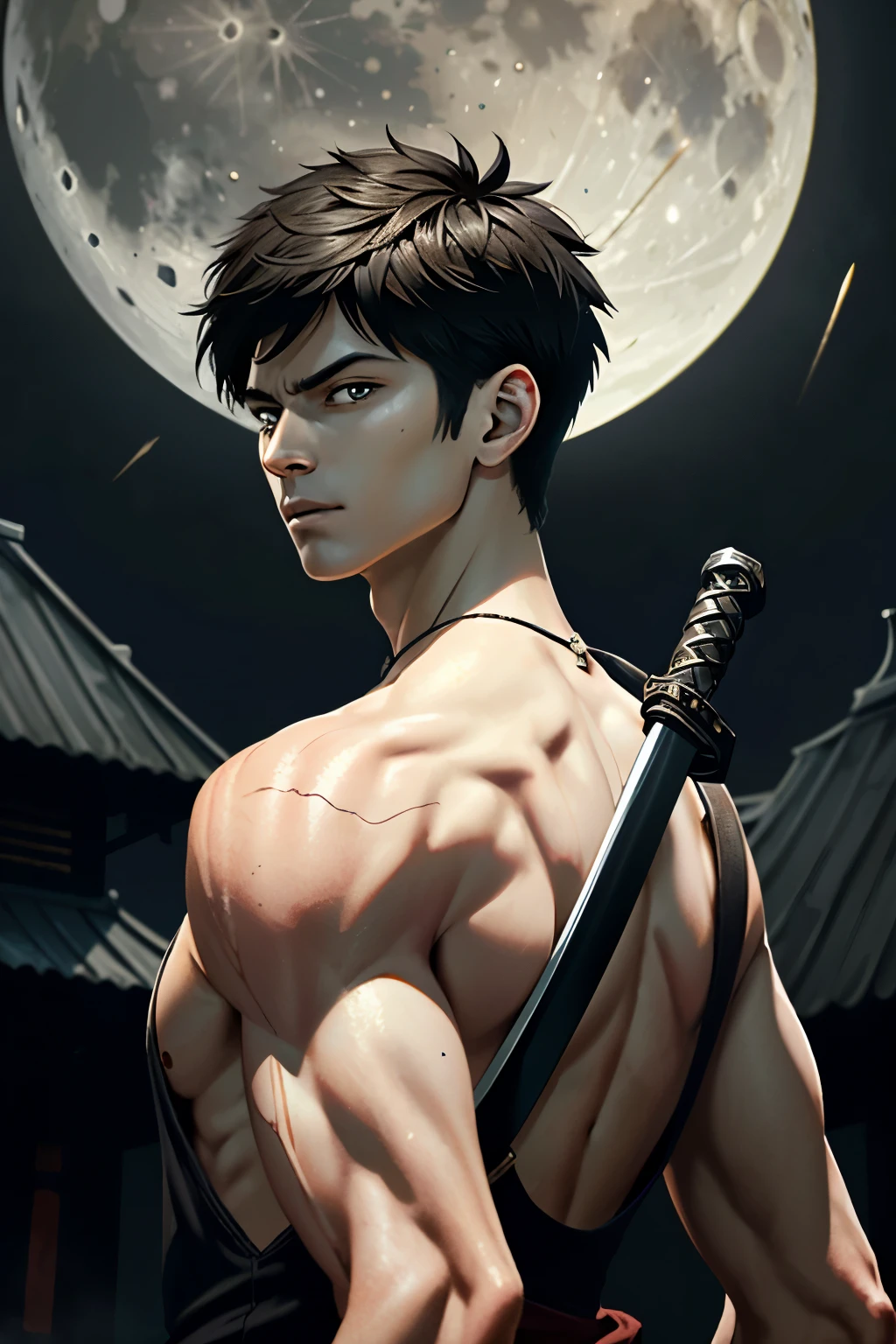 ((ultra detailed, masterpiece, absurdres))
DmCDante, 1boy, solo, short hair, brown hair, Samurai-inspired ensemble, moonlit night, dynamic pose with a katana, stoic and powerful
