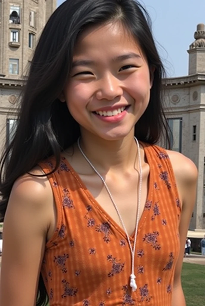 A beautiful girl with short black hair wearing a plain blue t-shirt