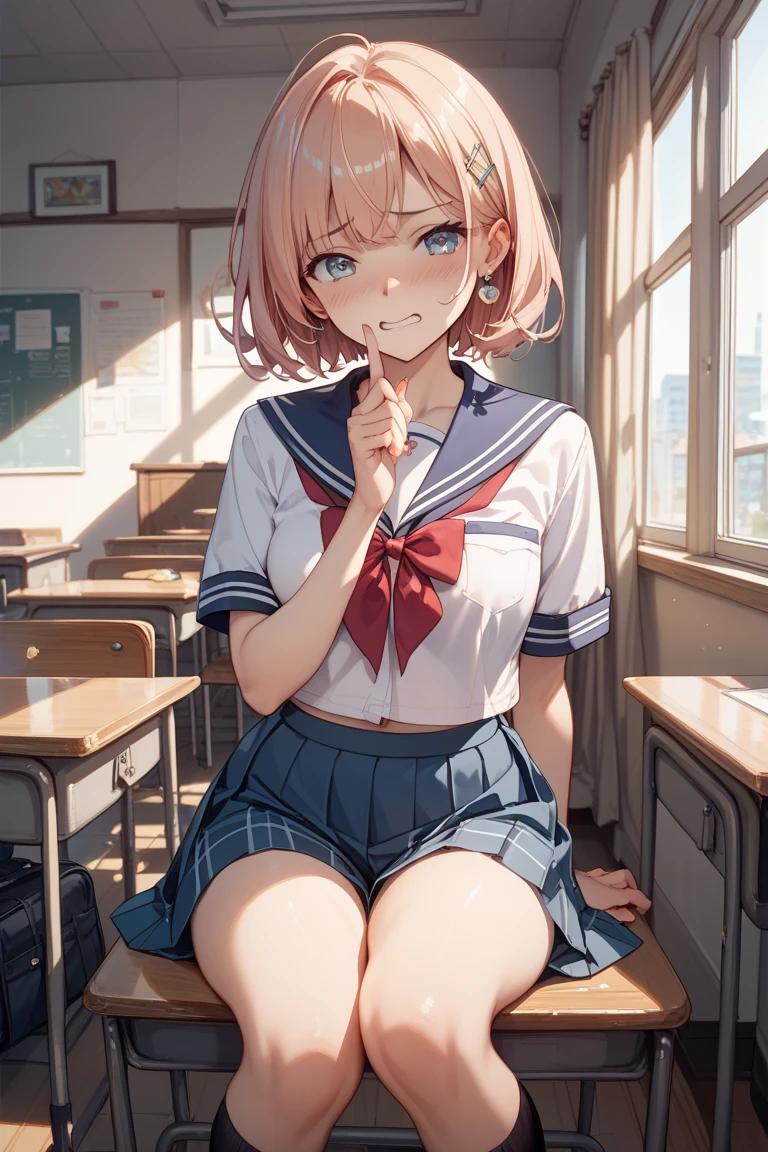 Pink Hair、Pink Eyes、girl、Small breasts、Bun Hair、girl、Small breasts、Lolita、Bright smile、Looks about 、Petan Musume、short、目のhighlight、Sexy thighs、School、Short-sleeved sailor suit、mini skirt、Your eyes are so beautiful、highlight