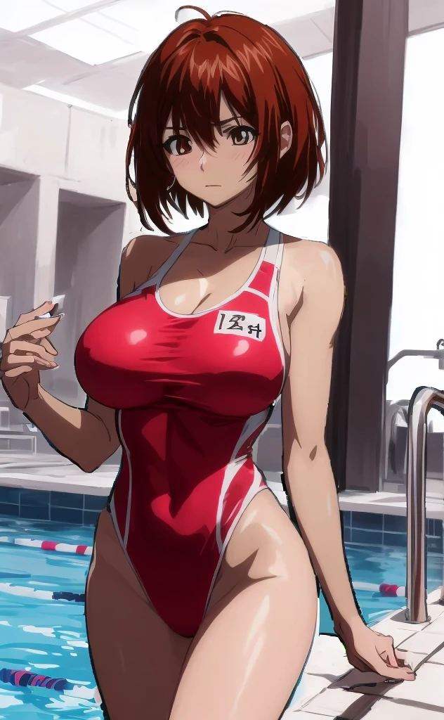 photo of mlp Meowko, RAW, beautiful woman, ((portrait)), ((detailed face:1.2)), ((anime face, anime facial feature, clear skin, glossy anime lips, clear skin), (short messy lesbian haircut, brunette: 1.55), (under boob: 1.6), (perfect proportioned body, Strong, muscular, narrow waist, narrow hips, skinny, large breasts), (she is wearing a red one piece bathing suit, u-neck bathing suit, red swimsuit), at the beach, kneeling in the water, splits kneeling, knees apart, (realistic photo, best quality, detailed), (8k wallpaper), (cinematic lighting, beautiful light, (noon:1.3)) (sharp focus, intricate)