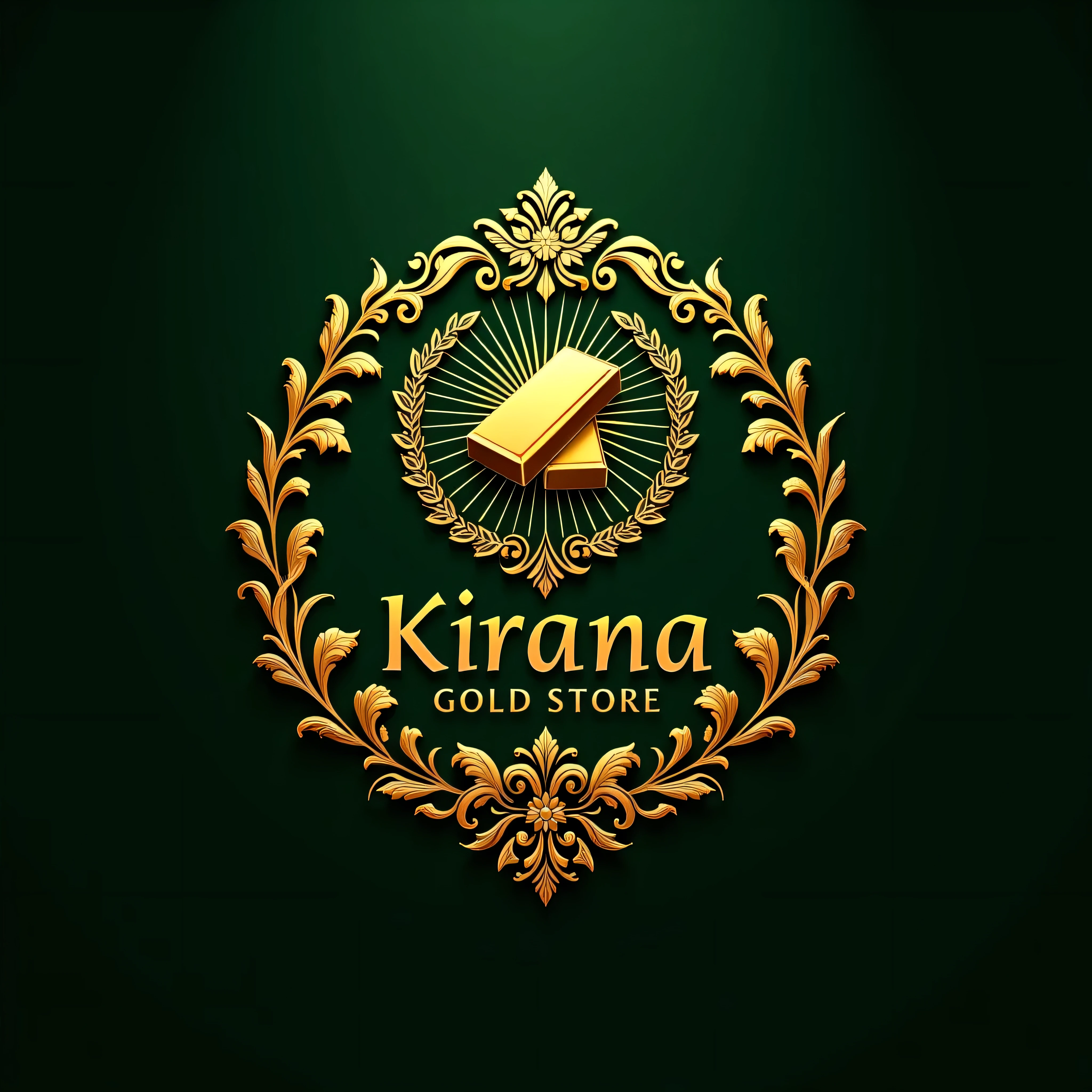 A luxurious and artistic logo design for 'Kirana Gold Store', a premium gold bar financing store. The logo should be in a 1:1 aspect ratio, featuring intricate golden patterns and ornamental flourishes, inspired by traditional Indonesian batik and royal emblems. The main icon should include a stylized gold bar with elegant, radiant light beams, surrounded by a symmetrical wreath of filigree. Use deep royal colors like emerald green and rich gold, with subtle gradients and shadowing to create a 3D embossed effect. Include the name 'Kirana Gold Store' in a serif calligraphy font, integrated harmoniously within the design. Ultra-detailed, photorealistic texture, hyper-realistic lighting, 8K quality, suitable for a luxury brand identity