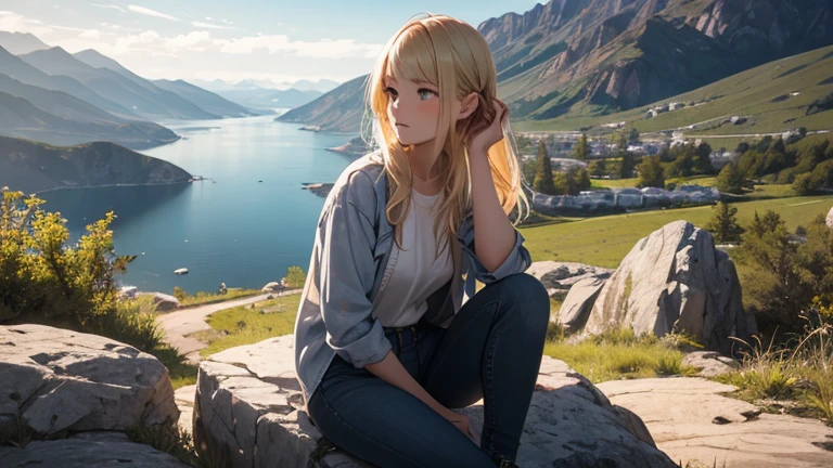 Old american western countryside, an old-style cowboy blonde girl at the left of the picture sitting on a rock in the distance looking at the horizon. She is wearing jeans and shirt
