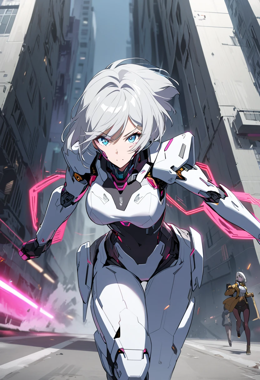 cyborg - silver-haired girl  ,  beautiful woman Android !, Perfect Anime Cyborg Woman Running from a Distance Towards the Camera , Cyberpunk Anime Girl Mecha,  beautiful android woman 、short hair