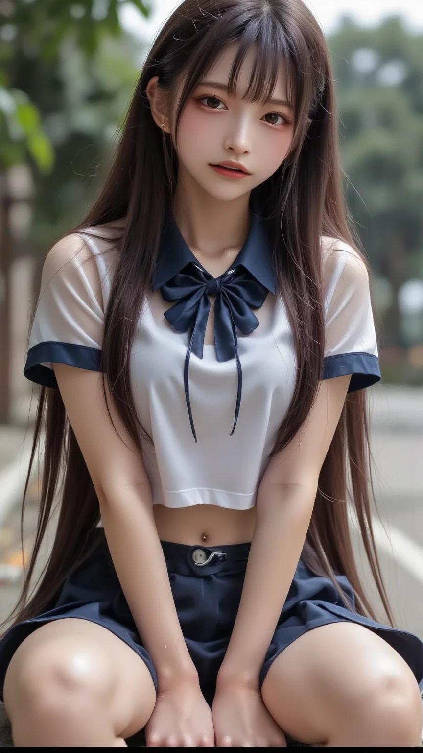 Cute High School Girl、Cat ear headdress、from front view，Sexy maid outfit，full bodyesbian，show legs，dual horsetail，photorealestic，ultra HD picture quality，extremely higly detailed