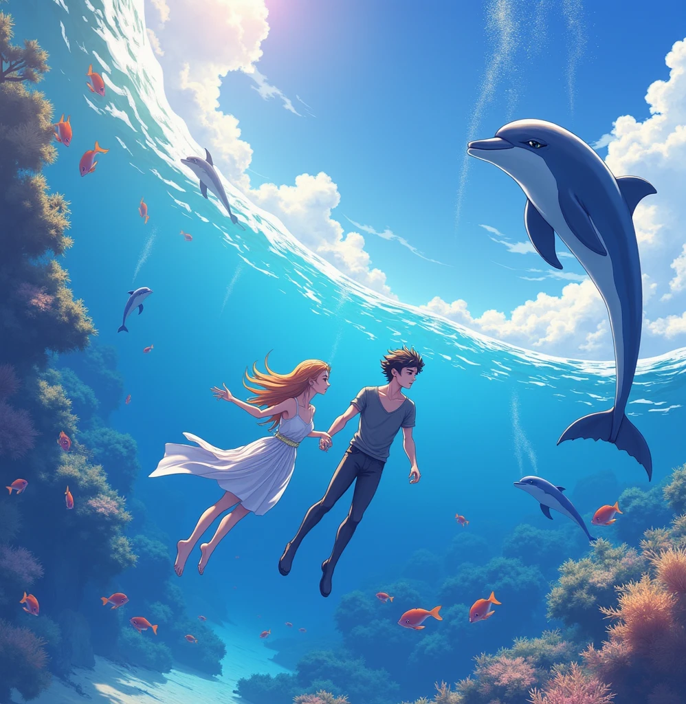 Two people, a man and a woman, diving in the shallow sea, surrounded by dolphins and fish, thick coating, real, high-definition, HD, 8K