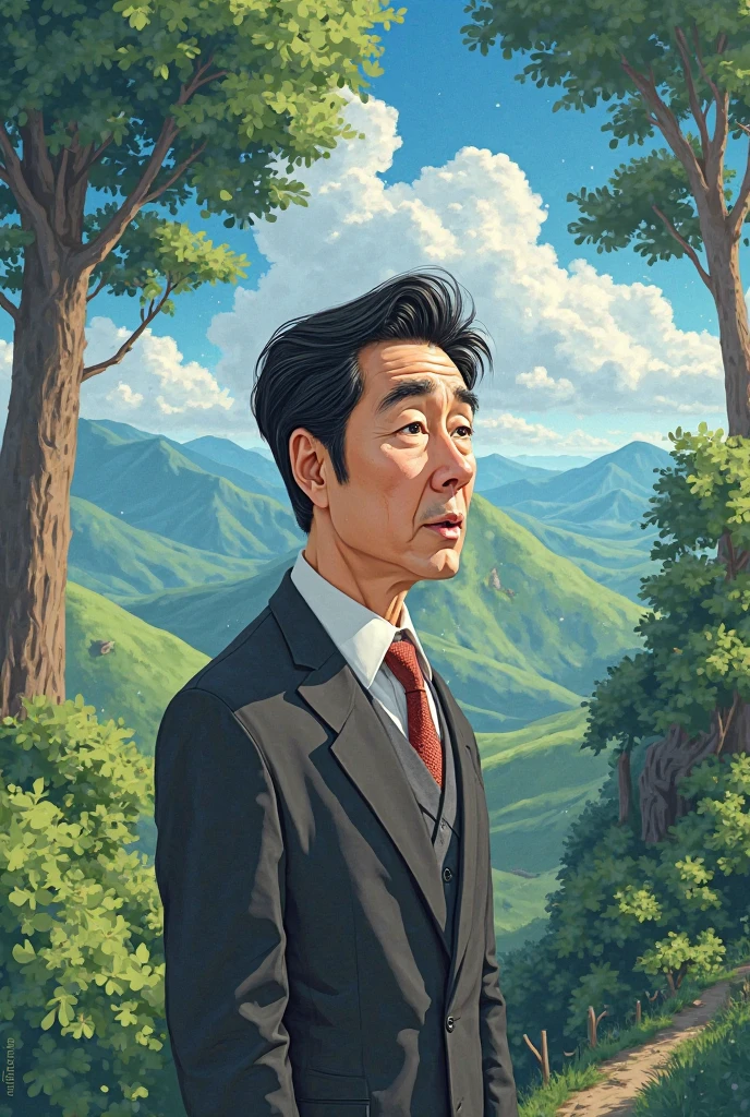 A man with a composite appearance of Shigeru Ishiwari, Shinzo Abe, and Fumio Kishida、Ghibli anime