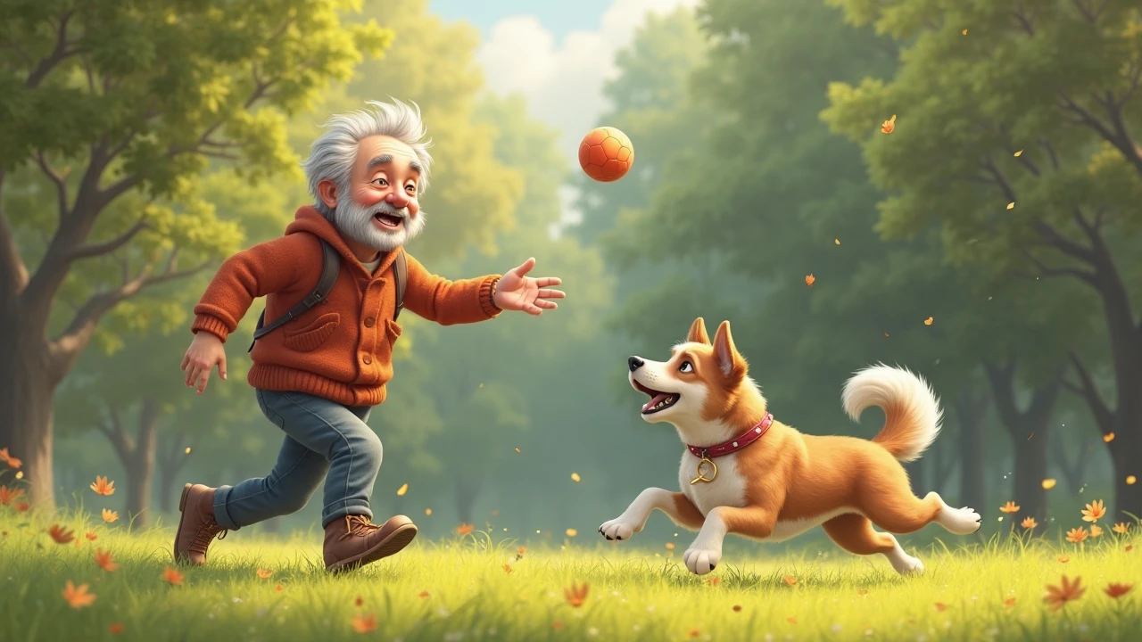 Prompt: Senior man playing catch with his dog in the park, fun and engaging coordination activity, pet interaction. Pet-assisted coordination.