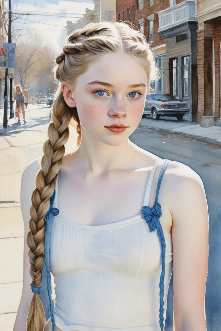 A watercolor painting in the style of Norman Rockwell. pale skin 18 year old girl, long braided light brown hair, blue eyes, muscular body, , in public street