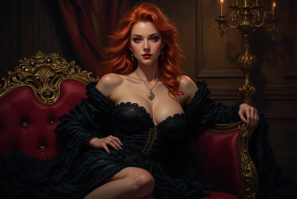 A beautiful and seductive young noblewoman with long flowing red hair, sitting gracefully on a dark Victorian chaise longue. She is wearing a black off-shoulder velvet gown that accentuates her elegant figure. Her posture is relaxed but confident, legs crossed, one arm resting on the back of the sofa. Her crimson eyes gaze directly forward with a mysterious, knowing smile. The lighting is soft and moody, with gothic shadows in the background, hinting at an opulent and arcane interior. Her presence is both mesmerizing and unsettling. Semi-realistic style, high detail, fantasy gothic atmosphere, soft skin, rich textures, dramatic contrast, no text.