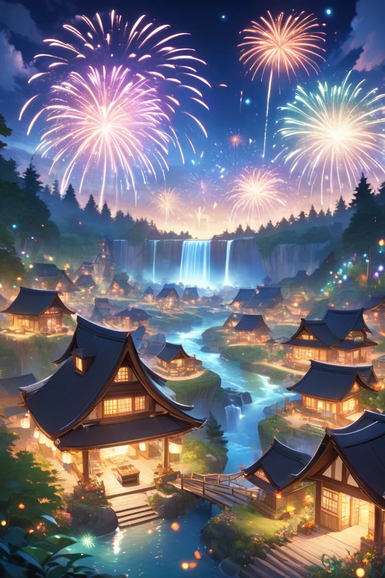 Village in the Vetmon Forest, glittering, firework lights and waterfalls