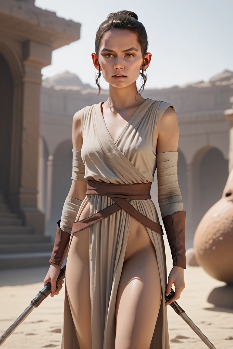 Natalie Portman playing Padmé Amidala, the desert rocky terrain of Tatooine, dripping sweat from the heat, movie look, brown cloth robe, standing looking straight ahead wiping sweat