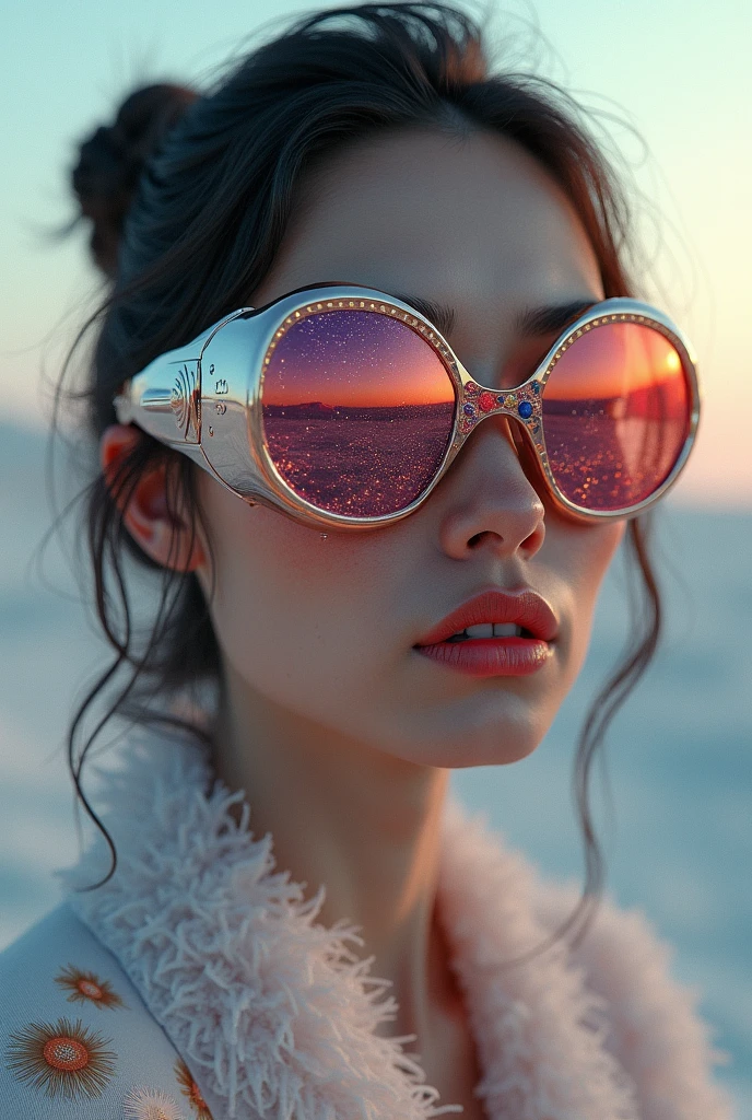 The model is wearing glass sunglasses with stars and the moon on the glass