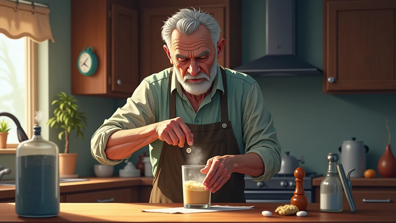 Prompt: Senior man mixing creatine powder into a glass of water, easy supplement preparation. Creatine prep example.