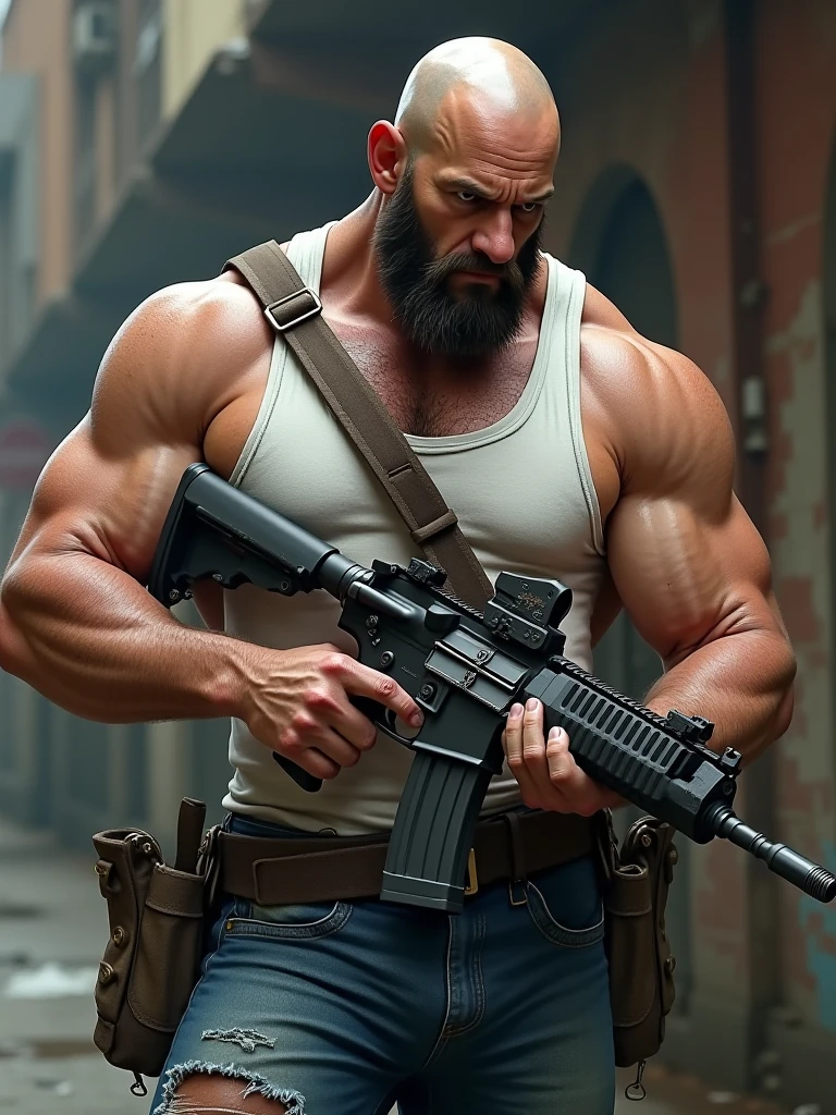 ((masterpiece)), ((best quality:1.2)), high resolution, 8K, (extremist_Practical:1.3), (photoPractical:1.4), Male focus, 2 boys, twin,backwards have, arms, Vest, shorts,Leather Boots,solitary, white Vest, 步gun, shorts, wristwatch, gun, Keep arms, muscular, Keep, watch, assault 步gun, Baseball cap, Keep gun, have, short hair, black shorts, Big bulge,Excellent J8,Chest muscles, muscular male, looking at the audience, Brown eyes, 仅have的, Jewelry, Black Hair, bracelet, Practical,Perfect hand details