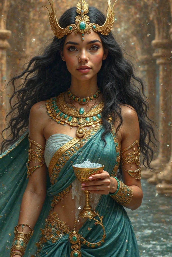 a goddess embodying the Nile, exudes divine balance and abundance. Her skin glows with golden reflections, as if kissed by the rays of the sun that dance upon the river’s waters. Her dark, wavy hair cascades gracefully, mirroring the fluid currents of the Nile. She wears a majestic crown adorned with both feathers and lotus flowers, intertwined with Egyptian symbols such as the solar disk and the cobra—representing her sacred connection to nature, rebirth, and the power of the gods.

Her regal gown flows effortlessly, a rich tapestry of deep blue and silver waves embroidered with hieroglyphs and intricate designs of fish and lotus flowers. Its edges shimmer with golden accents, symbolizing the beauty and movement of the river. Draped over her shoulders is a fluid mantle, intensifying her aura of divine grace. Embedded in her attire are green gemstones, evoking the fertile soils nourished by the Nile’s life-giving waters.

Anuket’s gaze, calm yet piercing, holds the mysteries of the sacred river. In one graceful hand, she bears a cup overflowing with flowing water, signifying her role in maintaining balance—between prosperity, abundance, and the natural flow of life. In the other hand, she holds a scepter adorned with water crystals, emanating a soothing light that symbolizes her protective strength.

At her feet, translucent waves of water swirl and dance in rhythmic harmony, accentuating her direct bond with the rivers she guards. Surrounding her are serene creatures, such as ibises and crocodiles, who accompany her and radiate an aura of unity and protection, her presence is a vivid blend of divine power, natural beauty, and the eternal equilibrium of life and water, expressions,  smile, Surrealism, high detail, masterpiece, accurate, anatomically correct, textured skin, super detail, high details, high quality, award winning, best quality, highres, 1080P, HD, 4K, 8k, 16k