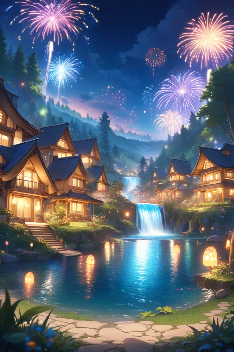 Village in the Vetmon Forest, glittering, firework lights and waterfalls, Focus only on one house. The ground and sky are 1 on 2, the waterfall is in the back. The picture gives a fantasy line.