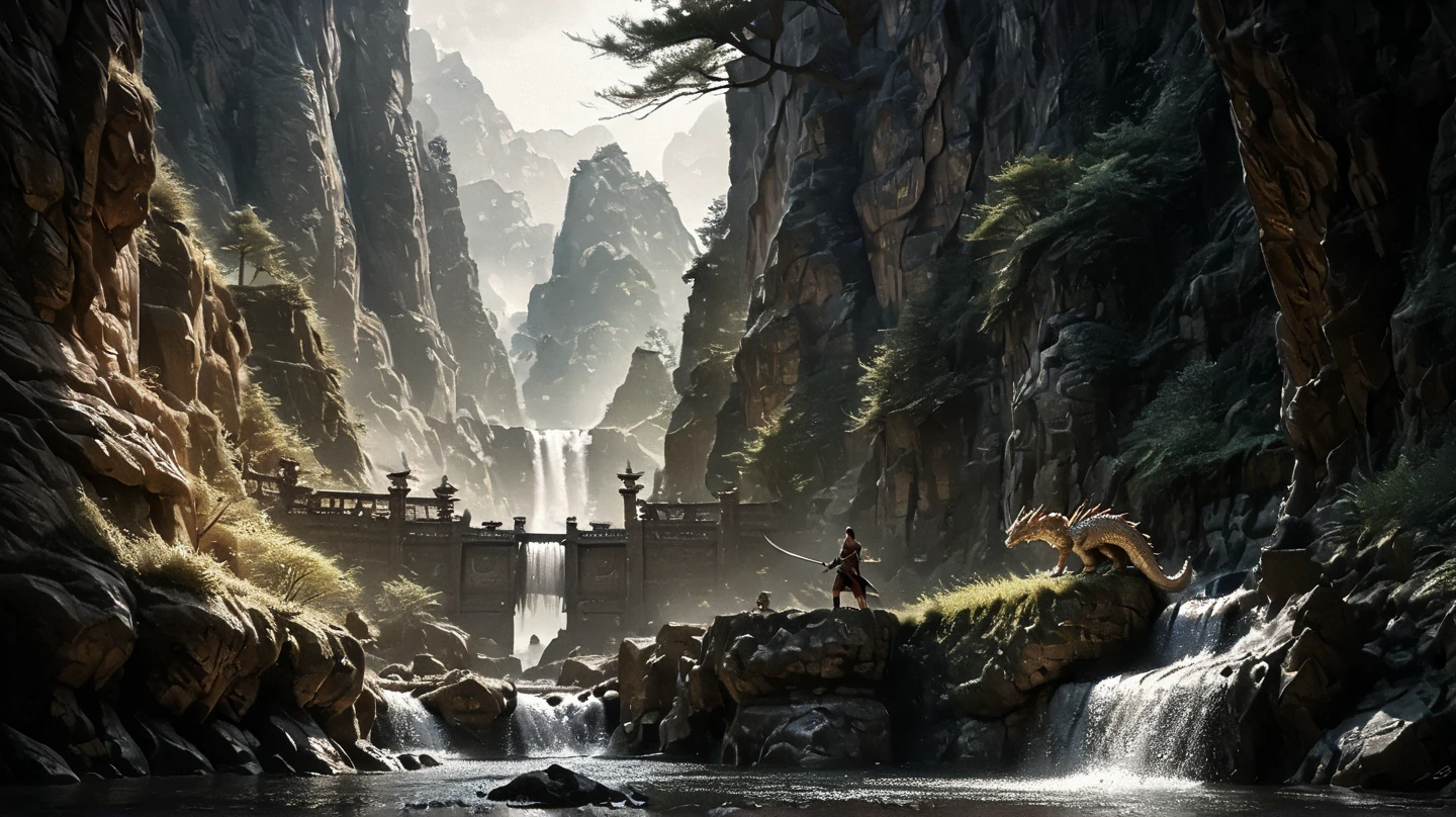 (best quality,4k,8k,highres,masterpiece:1.2),ultra-detailed,(realistic,photorealistic,photo-realistic:1.37),Dragon Hunter Exploring the Mountains of China,dragon,adventurous,brave girl,ancient Chinese attire,exquisite detailed embroidery,swordfighting,dragon scales,ferocious dragons,towering rocky mountains,misty clouds,ancient temples,serpentine rivers,steep cliffs,pristine waterfalls,traditional Chinese architecture,peaceful harmony with nature,calm serenity amidst wilderness,subtle shades of green,soft sunlight filtering through trees,dappled forest floor,sharp rocky edges,ominous darkness contrasting with bright highlights,authentic Chinese ink wash style,subtle brush strokes,delicate washes,ethereal atmosphere,rich cultural heritage,lush vegetation,vibrant flora,majestic water bodies,hidden caves,treacherous paths,ancient artifacts,mystical energy,whispering winds,sense of mystery,solemnity in the air,adrenaline rush,heroic spirit,adventure-filled journey,building suspense,endless possibilities.