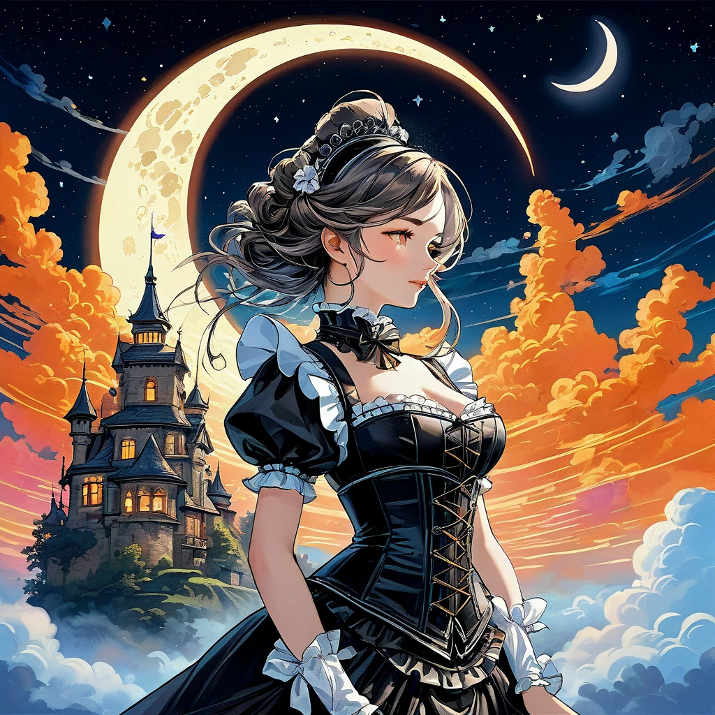 Elaborate illustration of maid with aura of loyalty, intricate detailed corset, profile, vivid contrasts, gentle touch rendering, exact detail, precision, fluffy clouds and crescent moon, single shooting star, (orange neon shooting star trails), high quality oil painting, stunning Beautiful touch rendering, Artistic clouds and moon, Fantasy, Fog around an old castle 