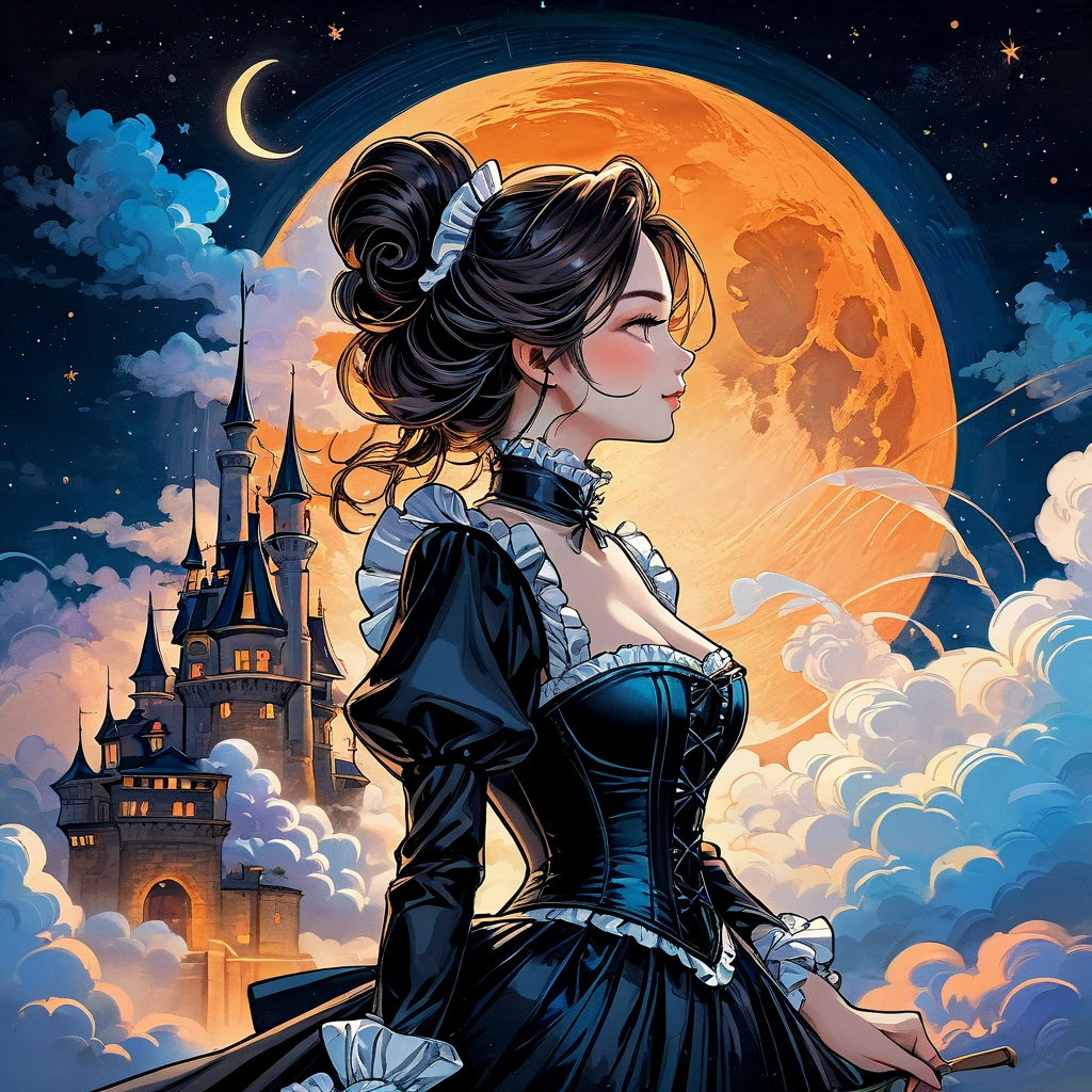Elaborate illustration of maid with aura of loyalty, intricate detailed corset, profile, vivid contrasts, gentle touch rendering, exact detail, precision, fluffy clouds and crescent moon, single shooting star, (orange neon shooting star trails), high quality oil painting, stunning Beautiful touch rendering, Artistic clouds and moon, Fantasy, Fog around an old castle 