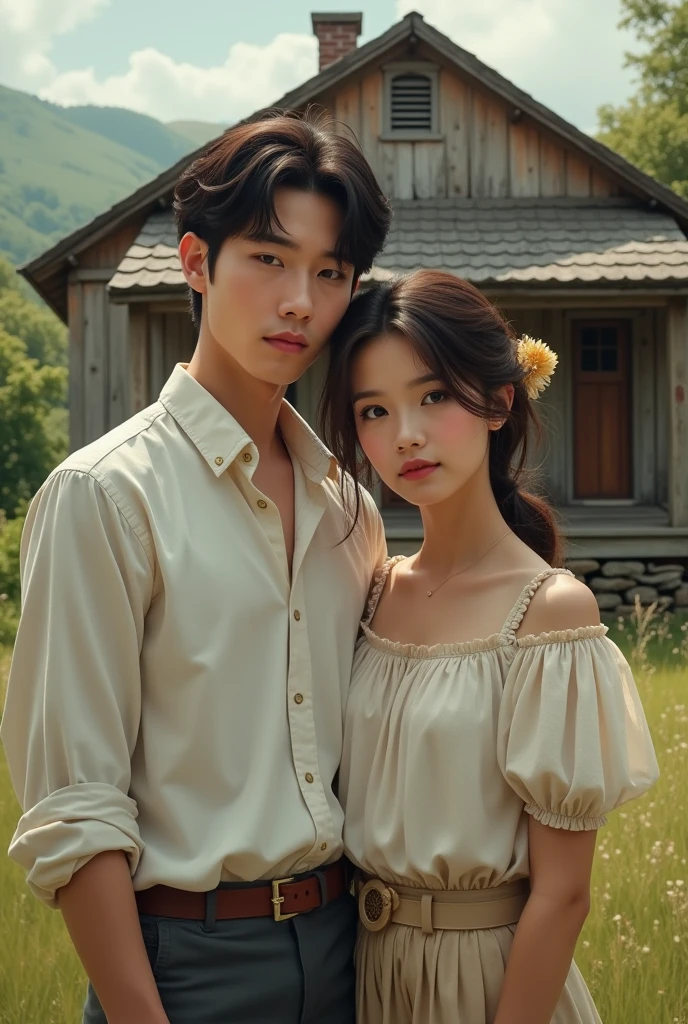 The image shows a young man wearing a white shirt.And girl The man appears to be in a rural setting, standing in front of a small house.