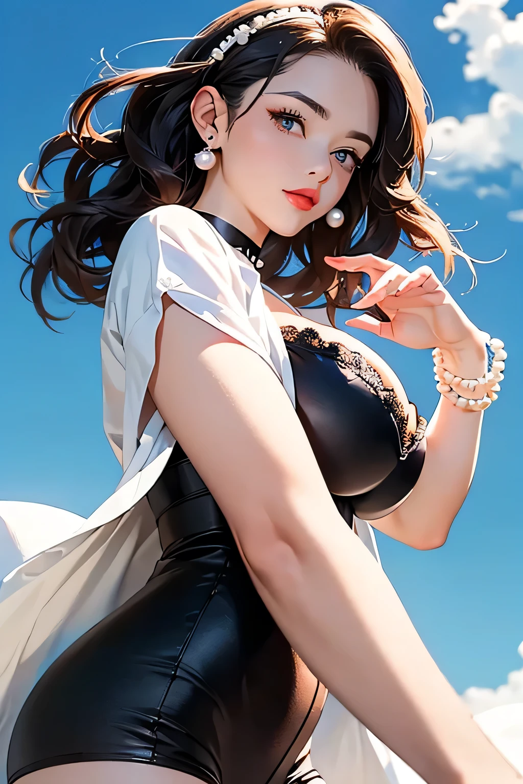((((Highest quality))))、(((Ultra-precision CG16K wallpaper)))、(((masterpiece)))、(((Super detailed)))、(((Extreme detail)))、((１Mature 29 year old woman:1.6))、((Very beautiful Japan face of a person))、((Urizane Face:1.8))、((Medium Straight Hair、blunt bangs:1.8))、(Shiny Hair)、A delicately drawn beautiful face、Dark Eyes、double eyelid、High nose、Small nostrils、Small Mouth、Seductive lips、Beautiful breasts、((C cup size breasts))、Cleavage、Beautiful feet、eight-headed body、Perfect proportions、Perfect Anatomy、Perfect composition、Beautiful detailed shading、Beautiful, natural lighting、Beautiful detail glow、Depth of written boundary、(((High chroma)))、(((Real:1.9)))、((vivid:1.5))、((Beautiful Skin))、((Skin Texture))、((Realな皮膚感))、(((Cowboy Shot:1.6)))、((front view、shoot from front、front low angle:1.6))、(((smile:1.6)))、((The woman is looking at this、looking at viewer:1.6))、Bright daylight、Natural light、(((Grass Square、Sky and Clouds:1.5)))、(Fashion model standing pose:1.6)、(((White and blue striped off-shoulder lace leotard:1.6)))、((hair band、necklace、Wearing earrings:1.5))、((Lace Stockings Clothed:1.5))、