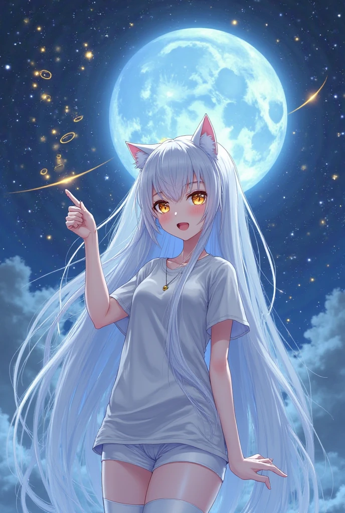 AnimeWhite cat girl with a face bigger than an H cup chest, no human ears, sparkling golden eyes with aura from the eyes, white long hair to the knees, wearing a short-sleeved shirt with 3 buttons, showing a little belly, wearing a white short skirt, thin white stockings, tight thigh straps, fan scene Tasi is on the night sky, the stars are full of sky, the full moon is bright blue, with a white veil, one hand pointing down to the last, the arm from above has a large number of golden circular spells behind it.
