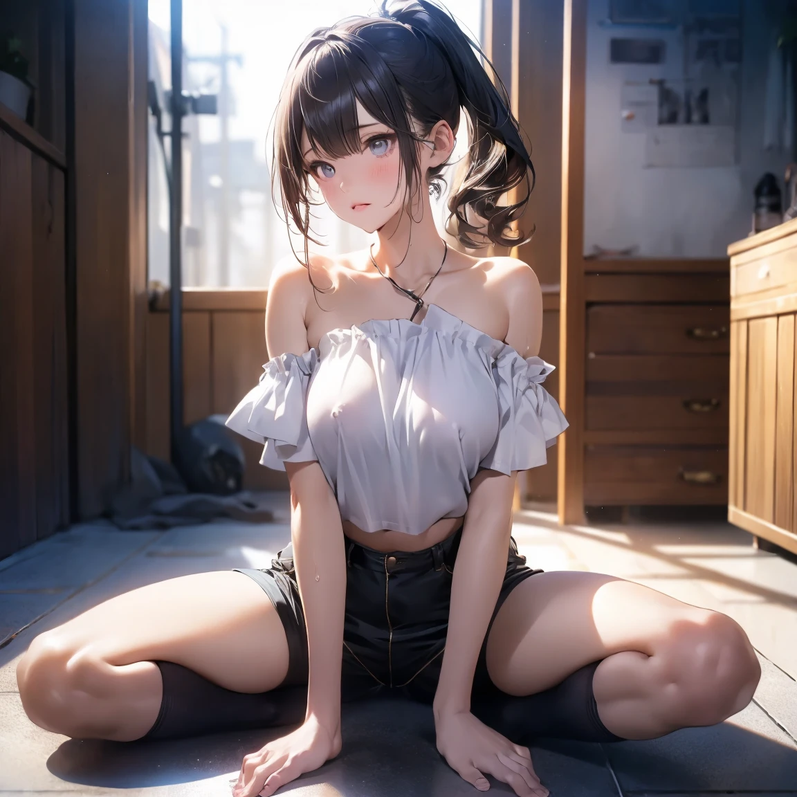 (high resolution, full body, soft skin:1.2),(best illustration,masterpiece:1.2),ultra-detailed,[(cat ears , black inside:1.2, black ponytail hair, gold cat eyes, dark skin),vivid colors,sharp focus,studio lighting,bokeh, wearing a blue anime shirt, blue booty shorts, looking at viewer, kneeling