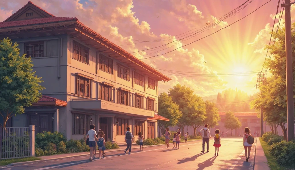 "Anime-style school building in the morning light, soft warm tones, students entering with backpacks, distant school bell ringing, MAPPA-style background art with fine detailing and emotional sunrise vibe."