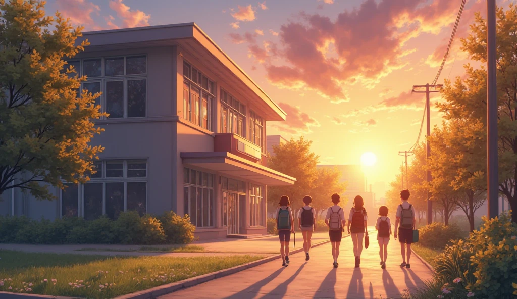 "Anime-style school building in the morning light, soft warm tones, students entering with backpacks, distant school bell ringing, MAPPA-style background art with fine detailing and emotional sunrise vibe."