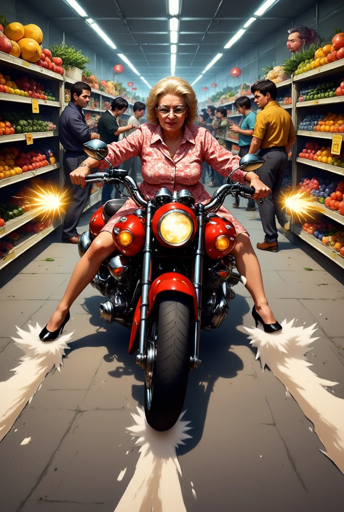 an elderly grandmother slides her large red motorcycle through a busy supermarket. She has no hands on the handlebars, as she holds a MAC-11 machine pistol in each hand firing streams of bullets into the supermarket shelves. She wears a floral print dress, with hair in rollers, and wire frame half glasses. Customers are diving to the floor, and produce is flung up into the air by the gunfire.  AkSlide,