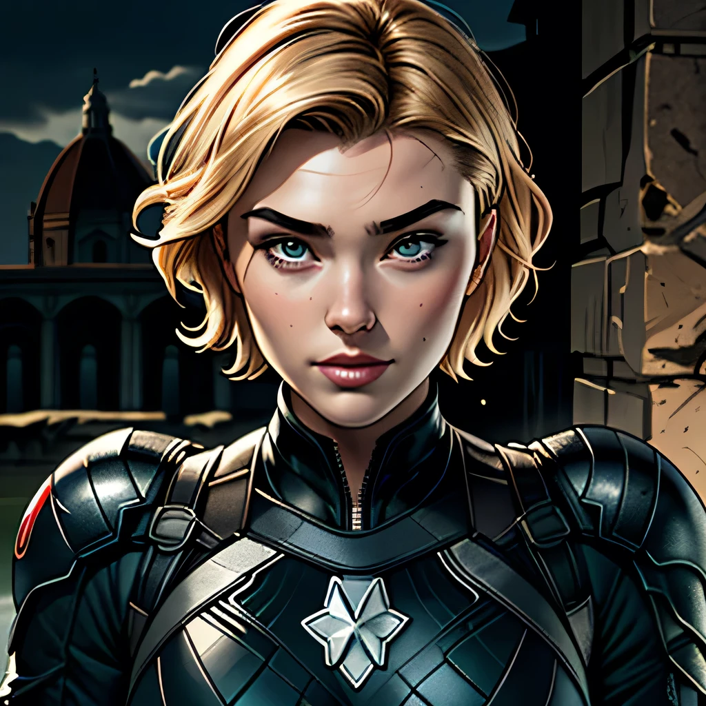 ((top quality)), ((masterpiece)), (Wise), ((Florence Pugh)), ((Yelena Belova)), Smile, perfect face、accurate、(accurate手と指の描写)、(accurate唇の描画), Black Widow、((very short cut hair)), Black nail polish、(Black Widow costume)、(sweated:1.1), plump body, glamorous, side lighting, Best Shadow, Special Effects、(Dark Ruins :1.team:1.2)