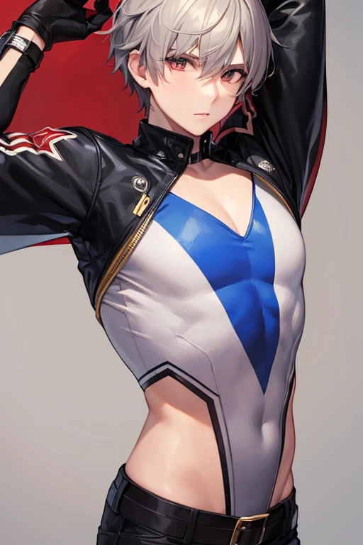 (((Plain background 1:2))) (masterpiece, high quality: 1.1) 1girl full body standing, hairstyle with a braid, white colored hair, yellow eyes, perfect lighting, muscular, thighs, mature woman, mummy, bellybutton, abs, looks at the viewer smile RED CHEEKS, extremely huge breasts, maternal, porcelain skin, extra very long hair, sparkly skin, good face, chest cover, HANDS ON HIPS