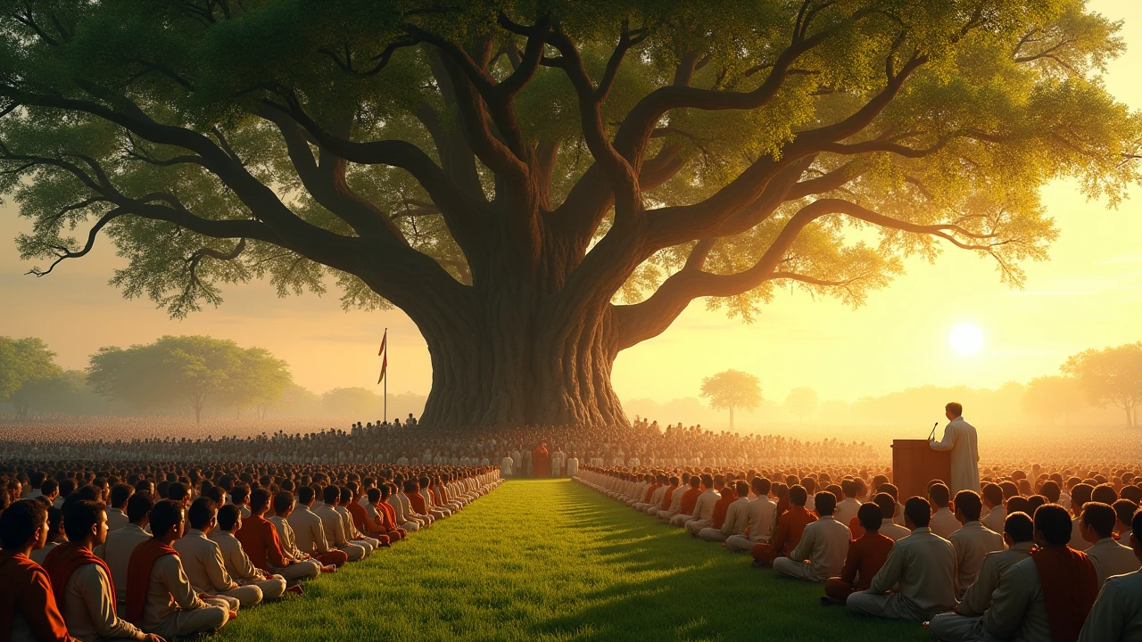 Vast field of people sitting beneath a banyan tree, listening to Ambedkar speak – cinematic, golden hour.