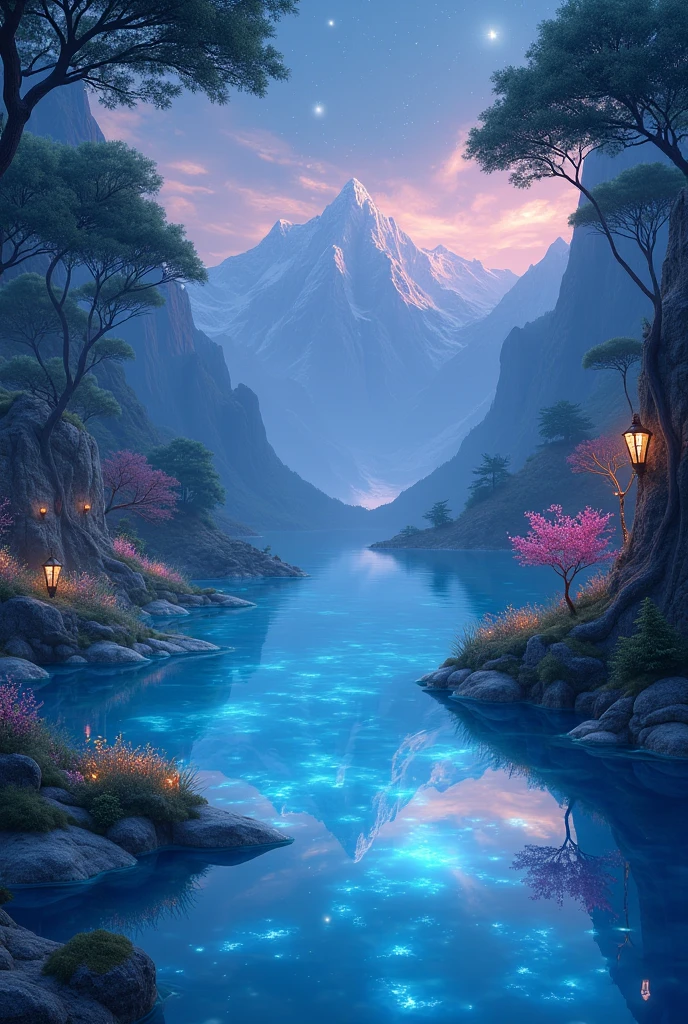 A magical crystal lake glowing softly under the moonlight, surrounded by luminous plants and fantasy trees, in a surreal fantasy landscape. The lake reflects the starlit sky and glowing mountains in the distance. Inspired by Studio Ghibli and Disney art style, with a soft dreamy color palette. HDR imaging, with detailed lighting and shadow contrast, using magical atmosphere and vibrant light reflections on the water. High attention to color harmony and enchanting ambiance. 
