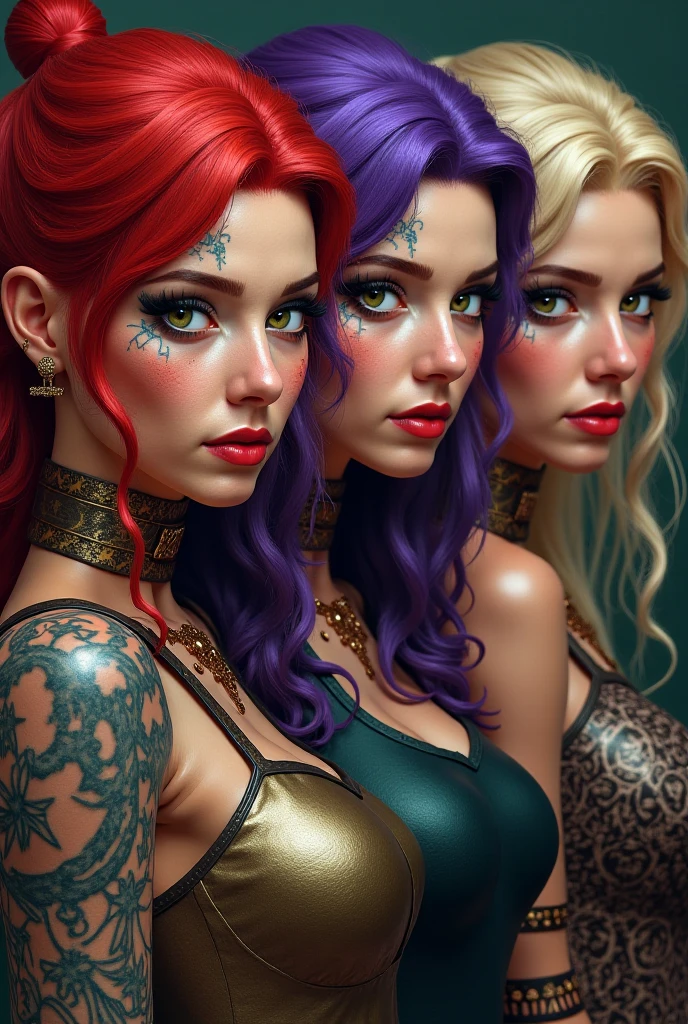 Punk-rococo-tattoo-ukiyo-e style. A selfie of some very pretty young Nordic-looking women. They are wearing an urban style, with necklaces, chains, thick rings, colorful hairstyles and modified military clothing with colorful patches. They are in a park right next to a paved area. Extreme realism, insane detail, intricate composition, cinematic quality, perfect photography, sublime colors.